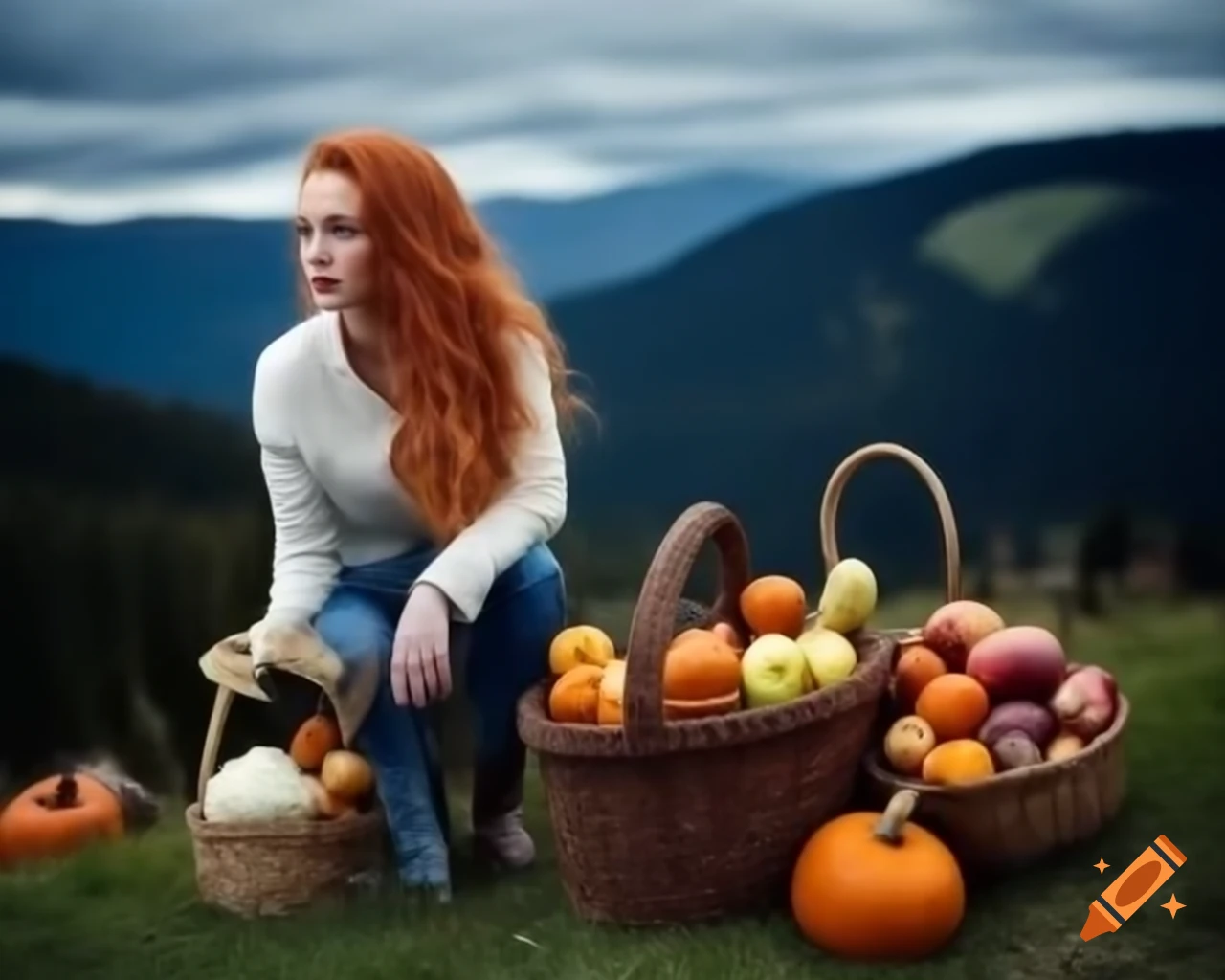 Woman with long red hair gazing at autumn fields and forests, surrounded by harvest fruits