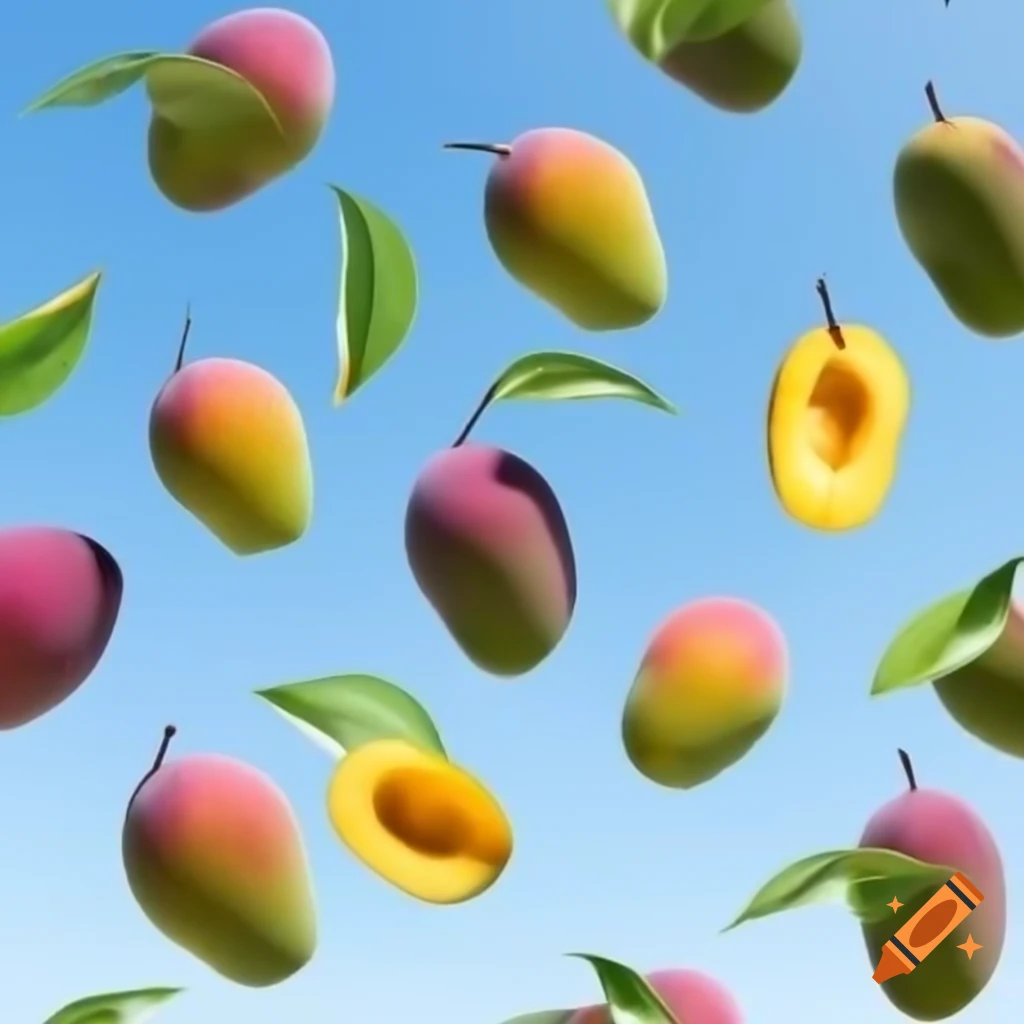 Mangoes falling against a blue sky backdrop