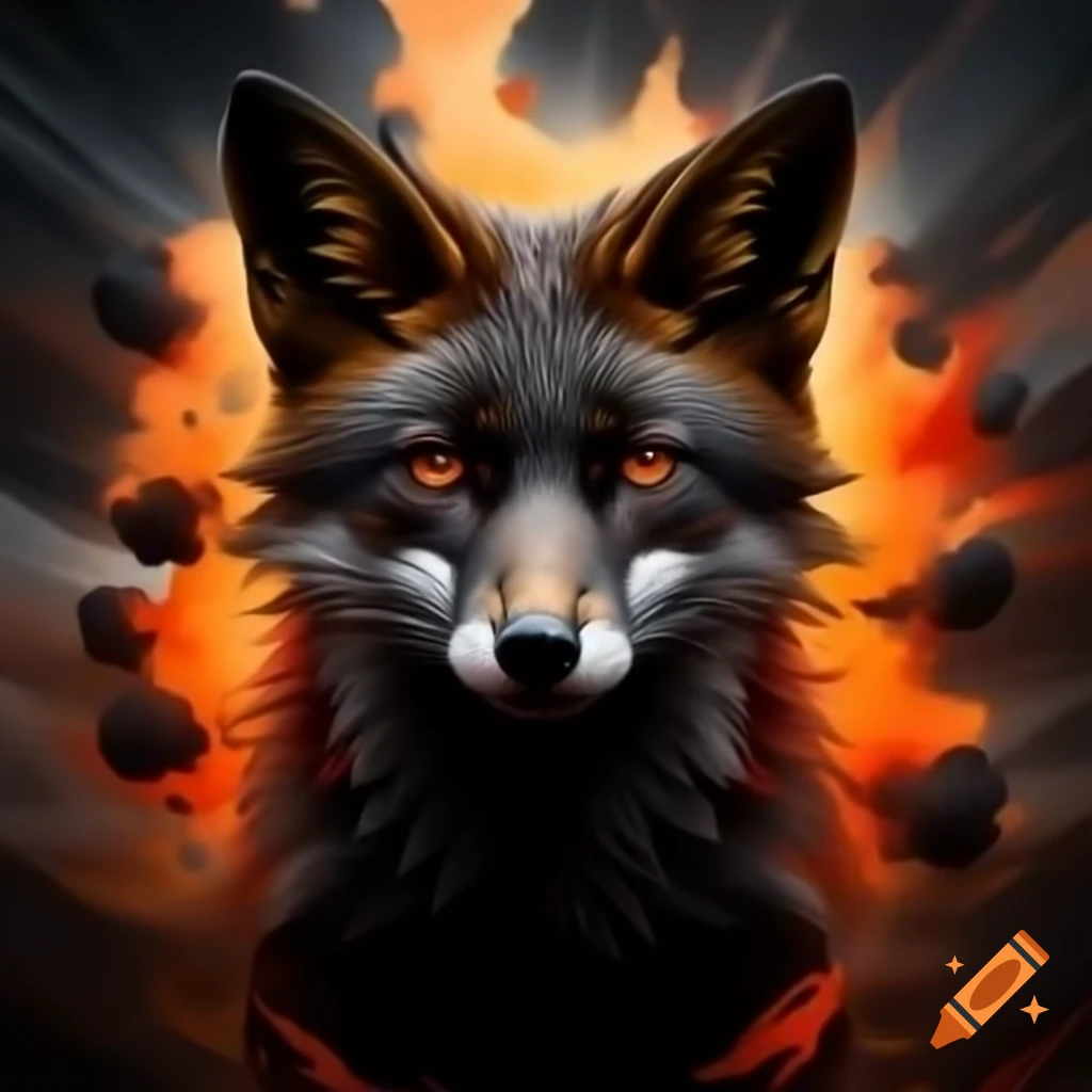 Black fox with orange snout and explosion in background