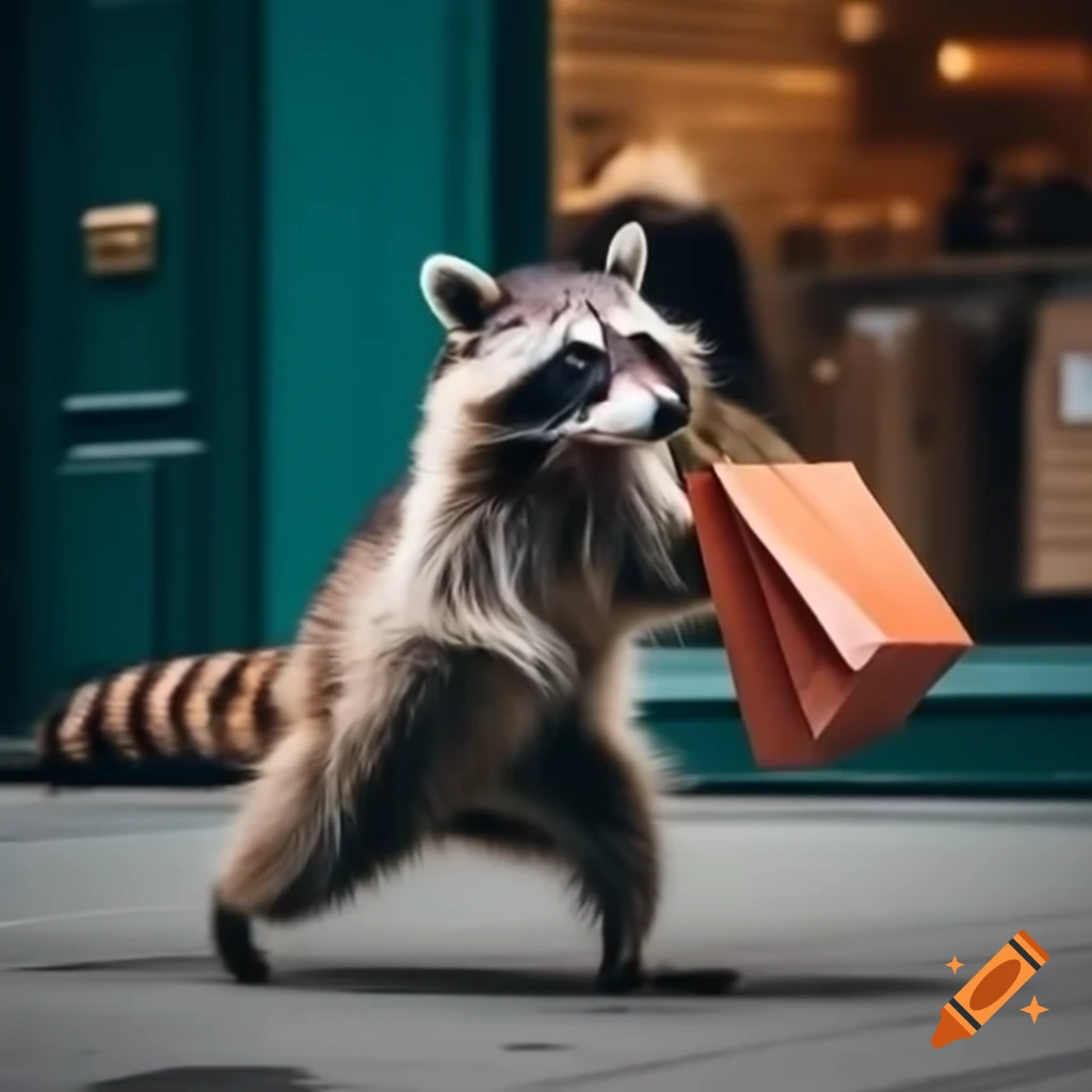 Raccoon exploring a store with excitement