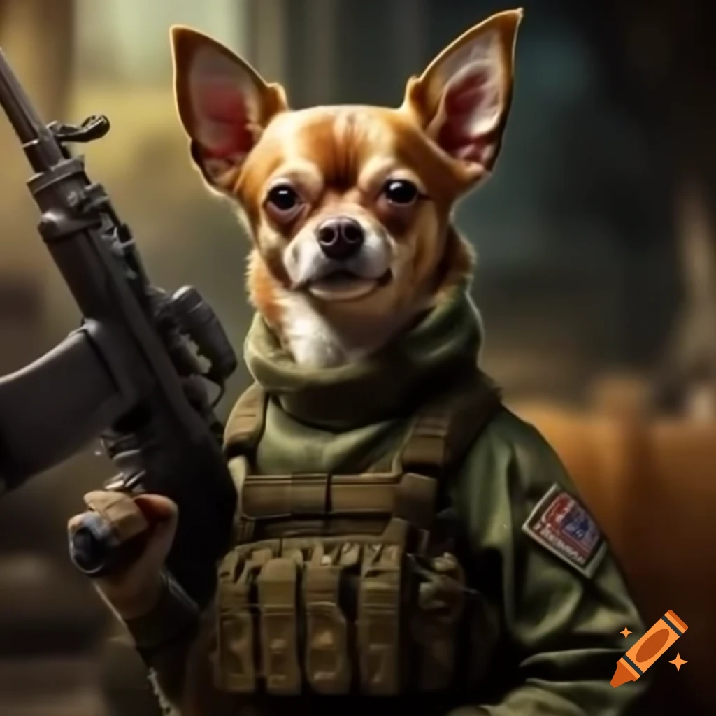 Chihuahua with deer head in combat gear holding an M4 rifle