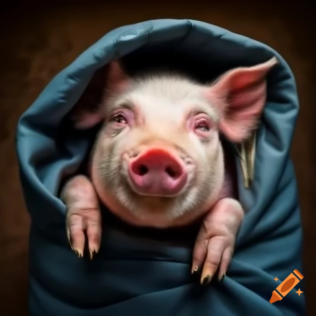 Pig comfortably nestled in a sleeping bag