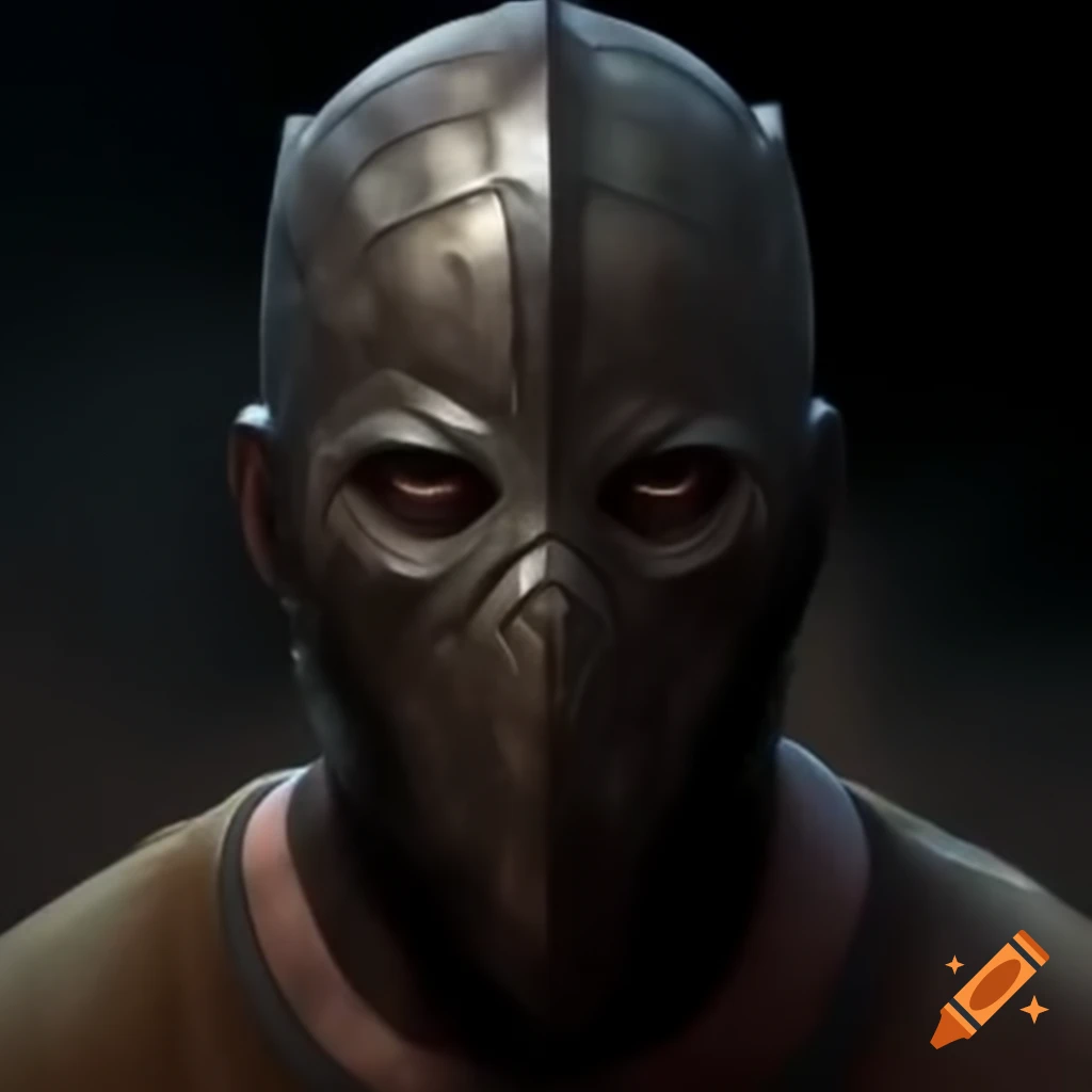 Man in metal mask and cult attire