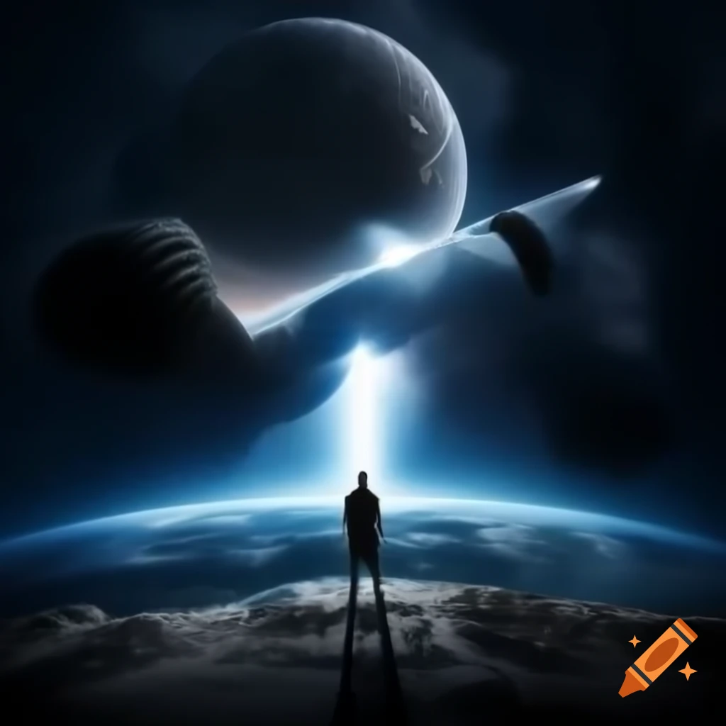 Man gazing at another planet illuminated by light