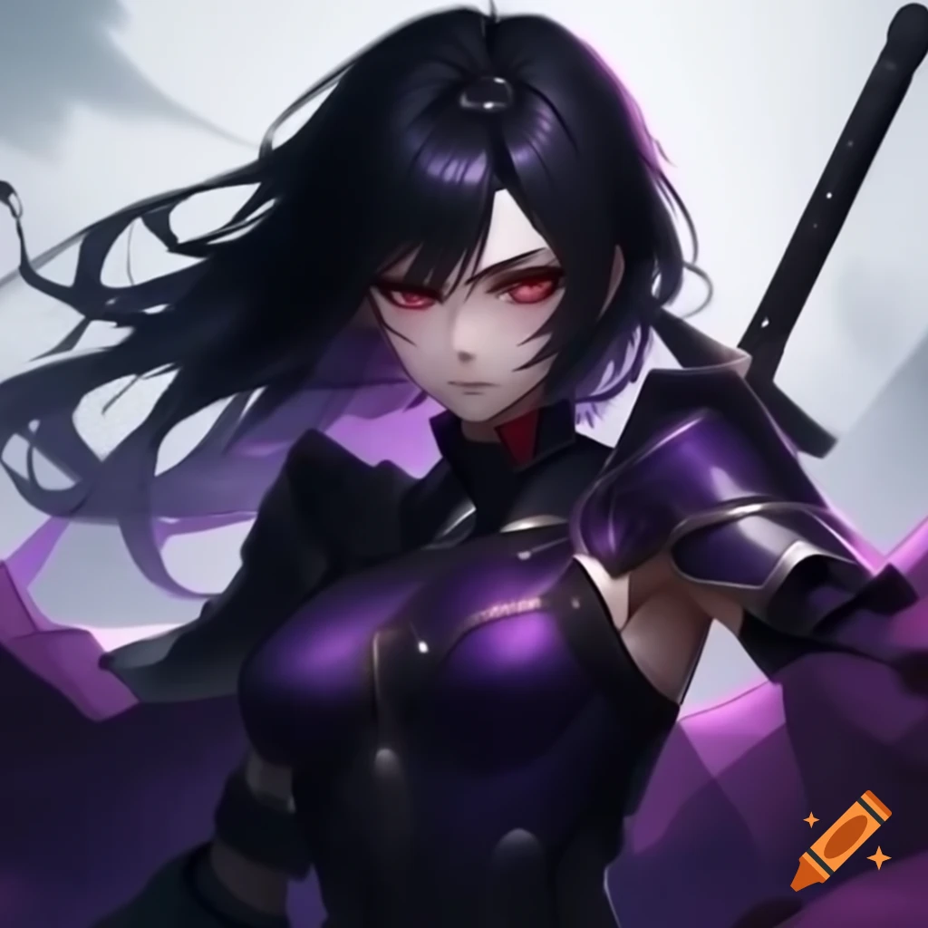 Dark female anime heroine in black armor with purple hair strands and red pupils