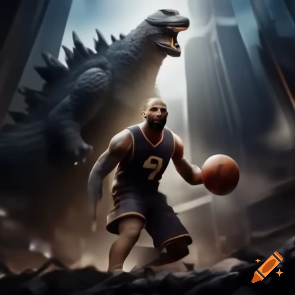 LeBron James confronting Godzilla among skyscrapers