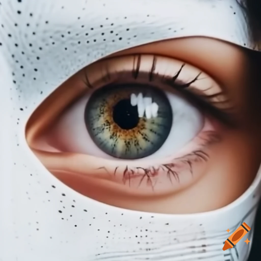 Close-up of human eye iris behind white carnival mask