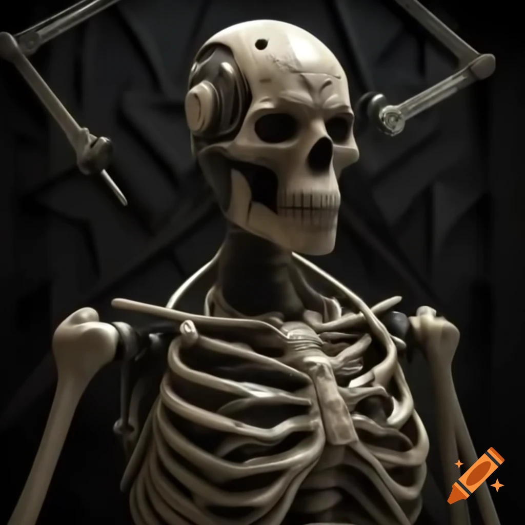 Modern humanoid automaton with skeletal and muscular metal structure featuring Nordic runes