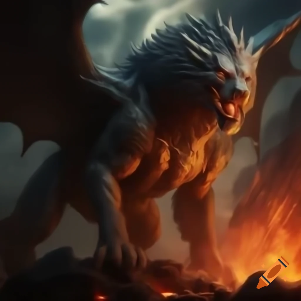 Imaginary creature with lion-like body and dragon-like scales
