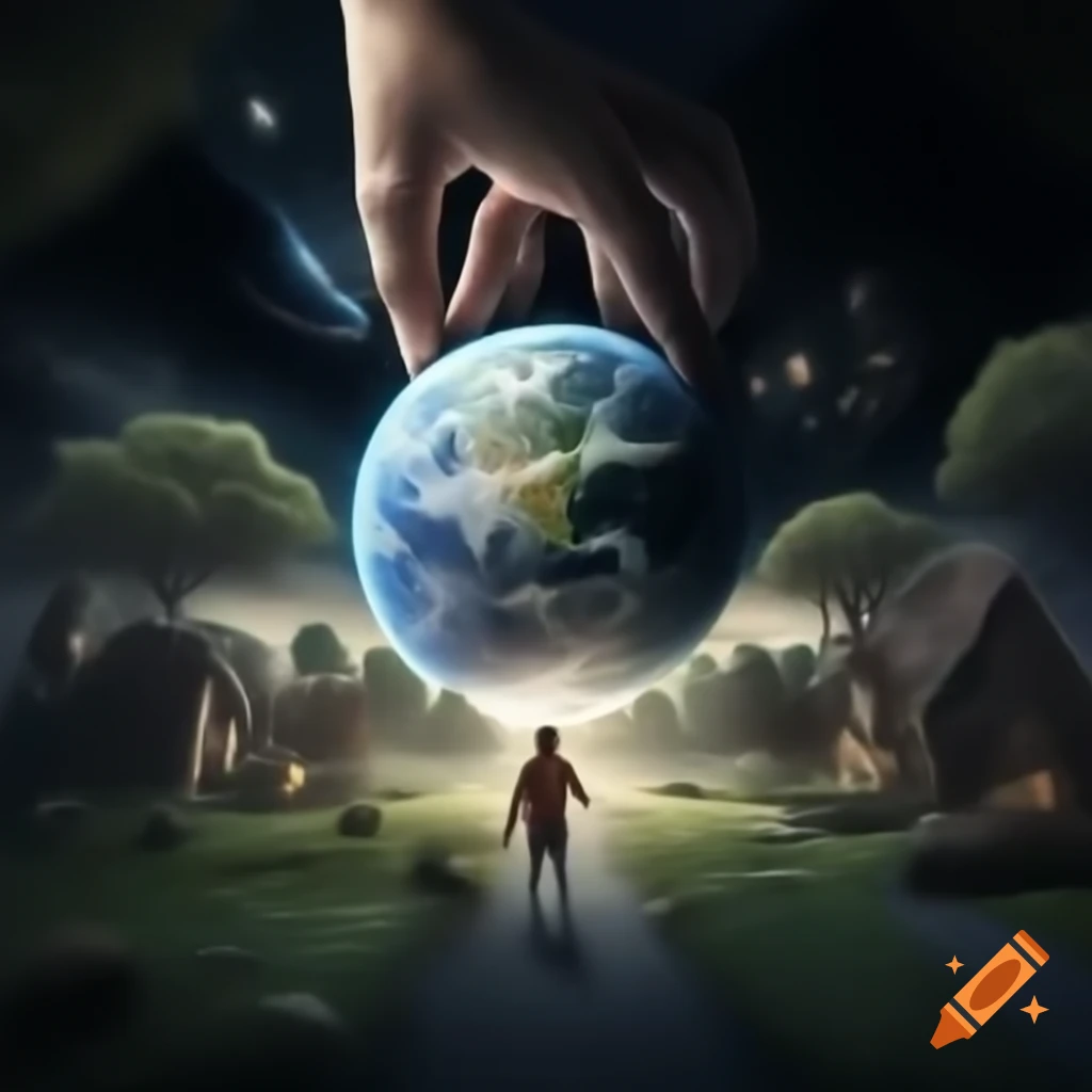 Hand reaching to catch an earth-like planet with houses and trees visible