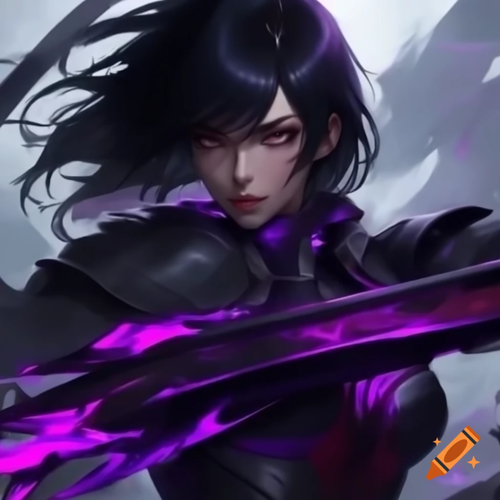 Dark female anime heroine in black armor with purple hair strands and red pupils