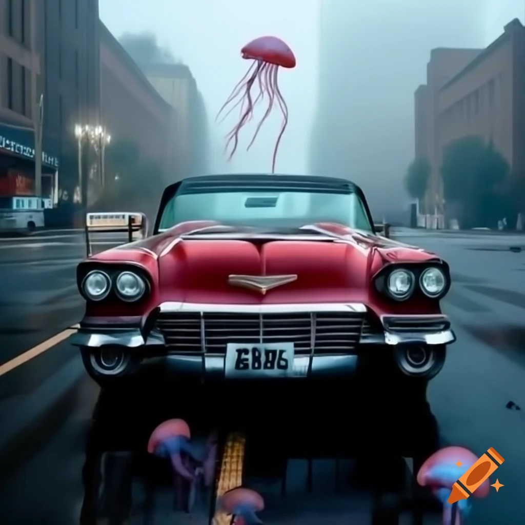 Old red Cadillac convertible approaching a misty city with floating jellyfish