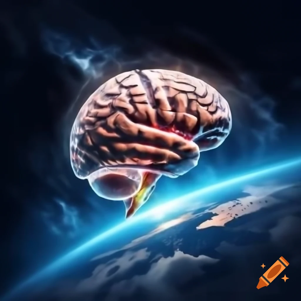 Large glowing brain emerging from behind Earth