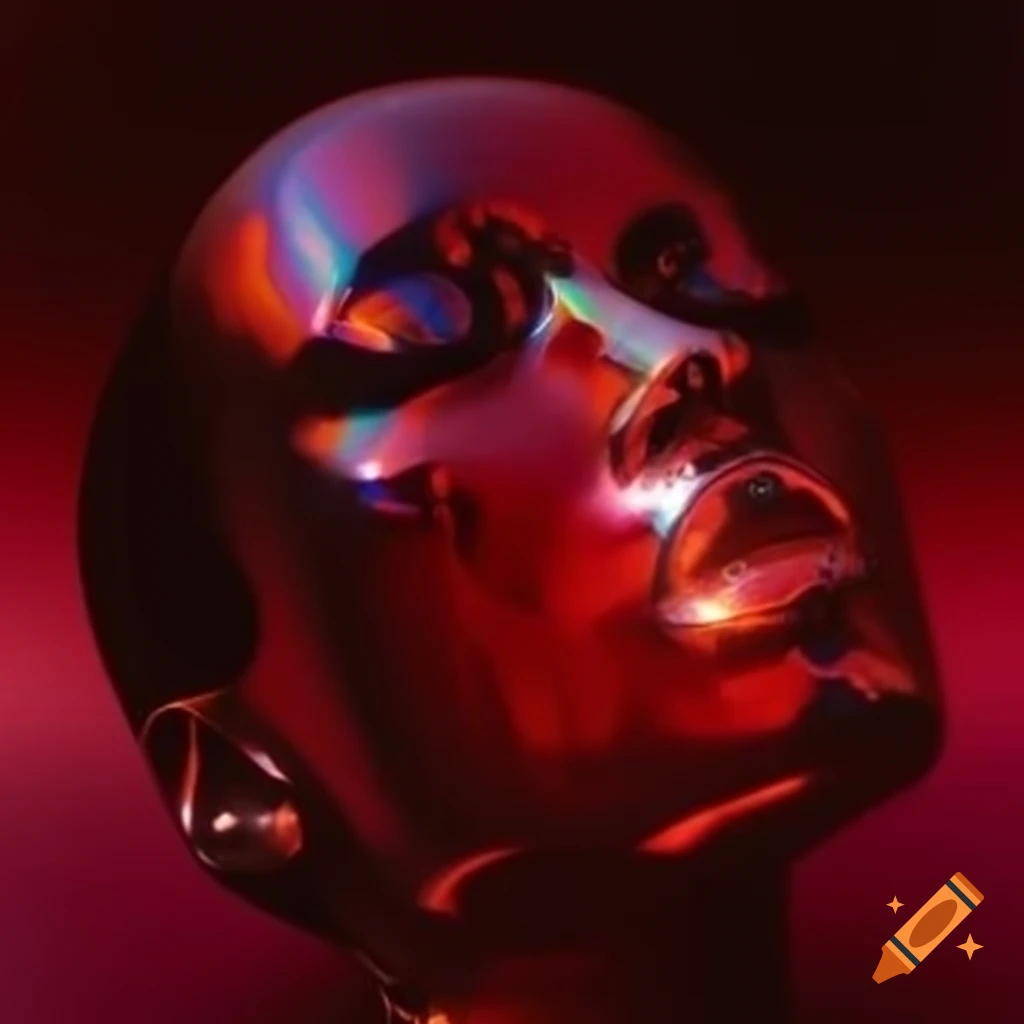 Iridescent red glass statue in pop surreal 2000's photography style