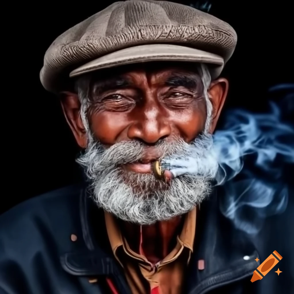 Detailed portrait of an old fisherman in black and red, smiling and wearing knit cap