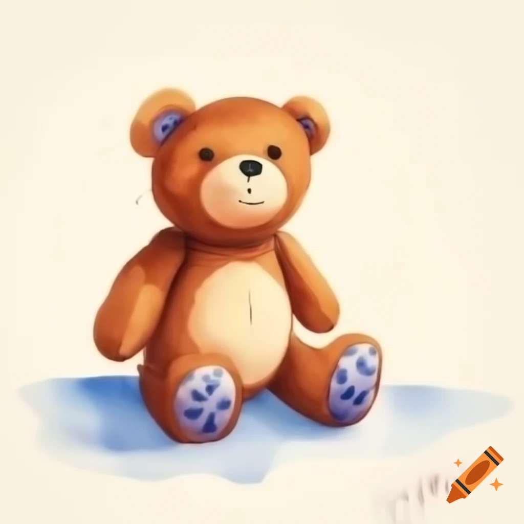 Cartoon teddy bear toy on white background, watercolor style