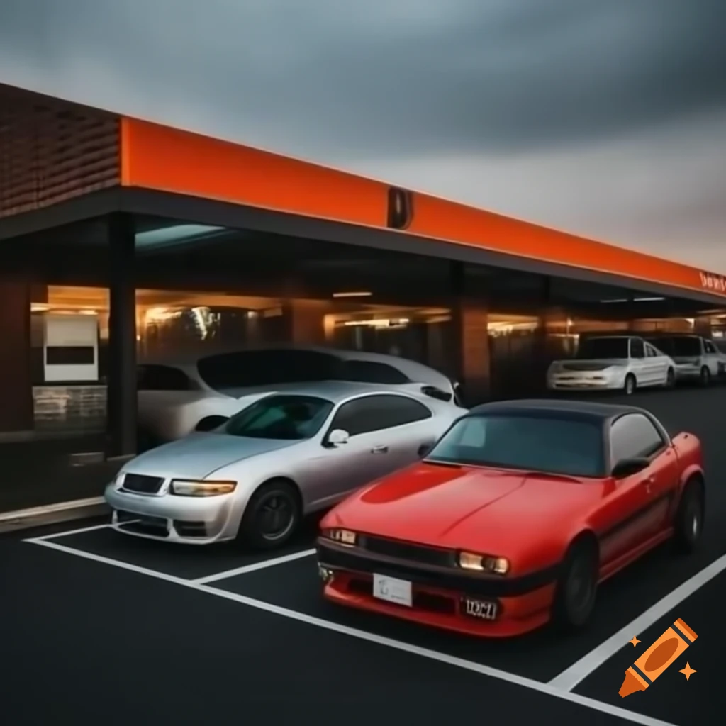 Two cars parked in front of a pizza restaurant