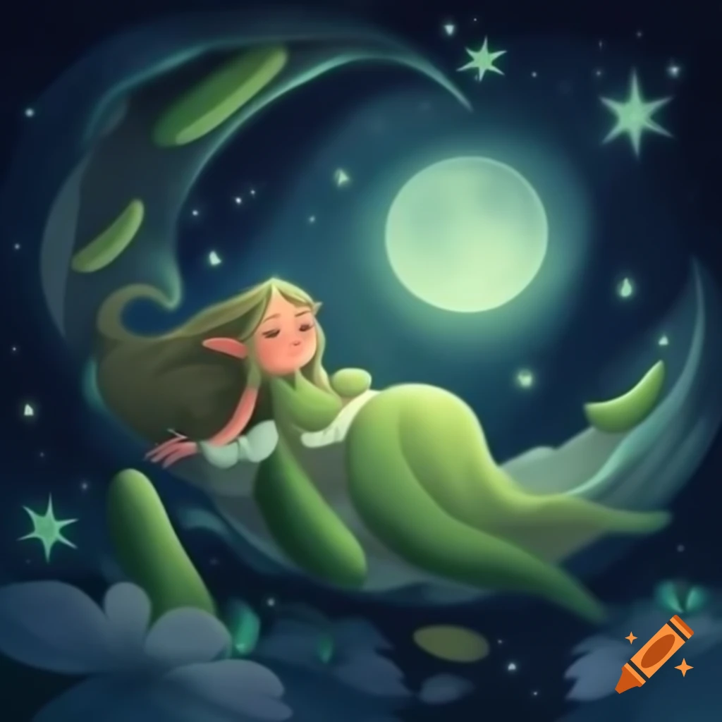Giantess sleeping peacefully beside elves in a moonlit garden with glowing flowers