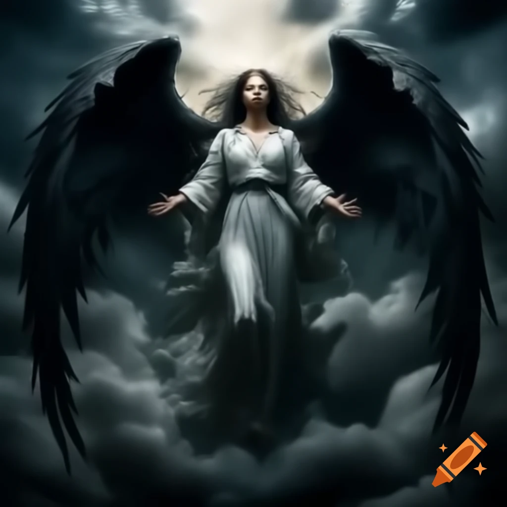 Female angel with dark wings saving a man from tar pit, showcasing strength and compassion
