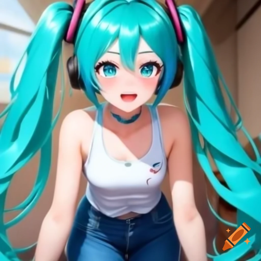 Hatsune Miku in white tank top and blue jeans