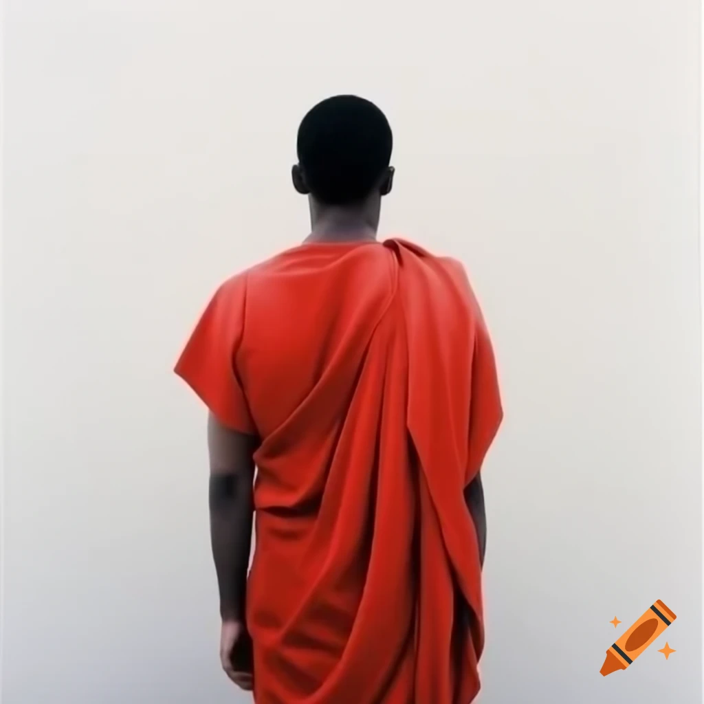 Man in red toga viewed from behind against white background