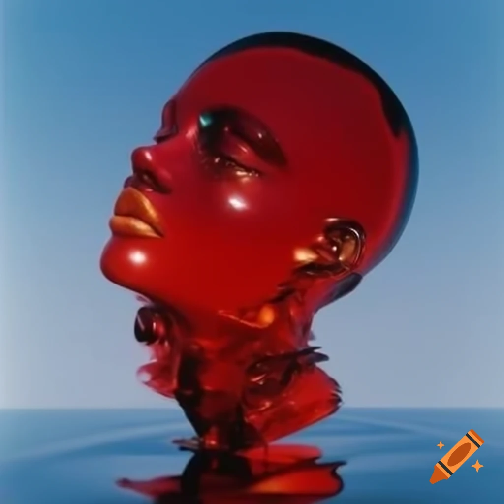 Pop surreal photography featuring iridescent red glass statue