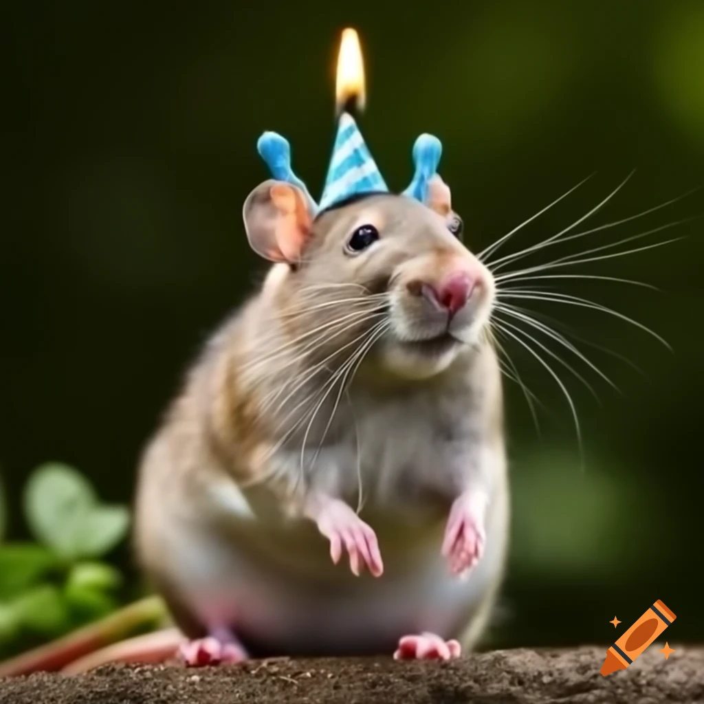 Celebration of a rat's birthday with decorations and a small cake