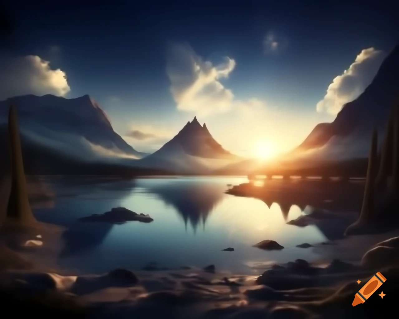 Photorealistic 3D render of mountain lake at sunset with sun rays and island