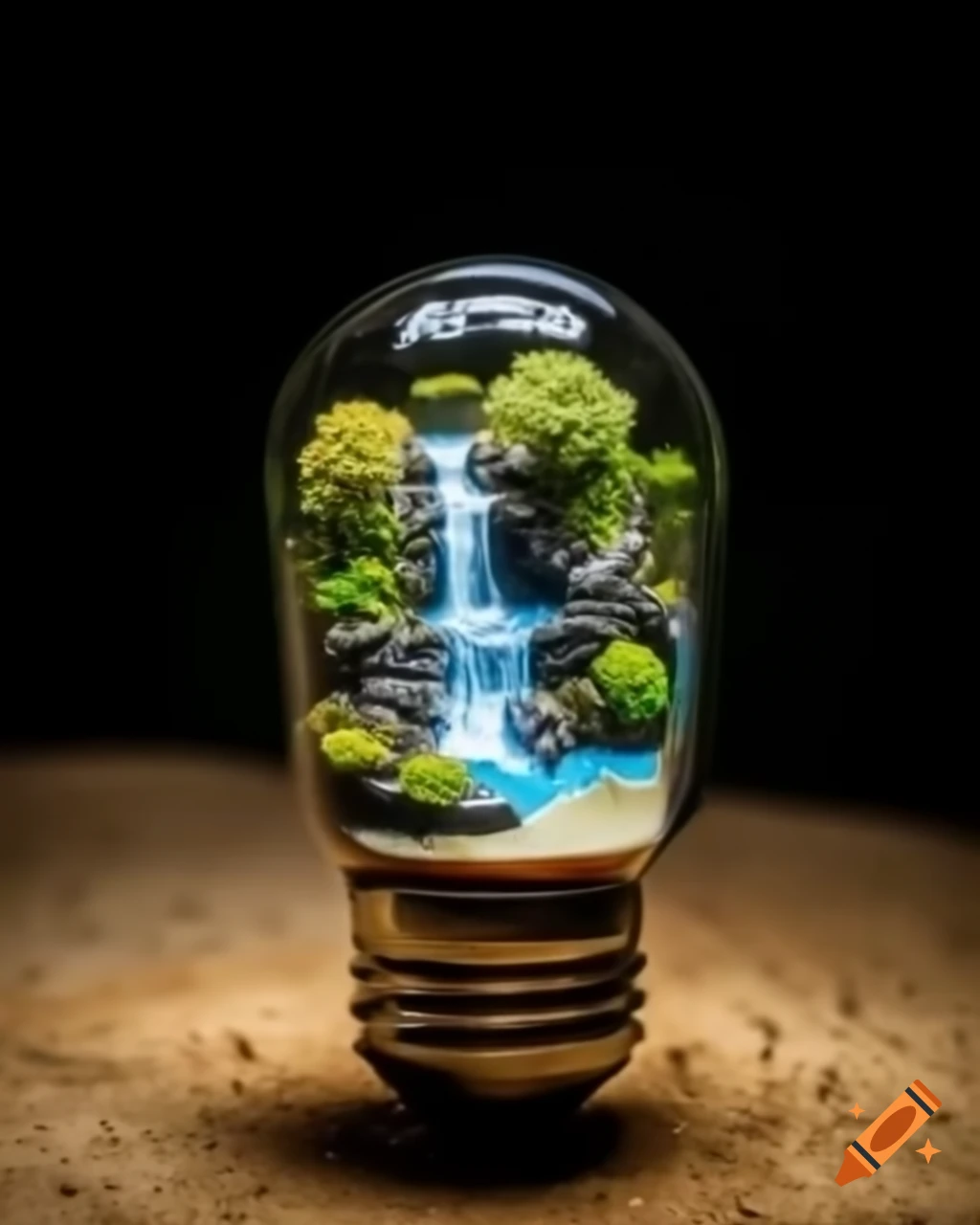 Miniature diorama of waterfall inside light bulb
