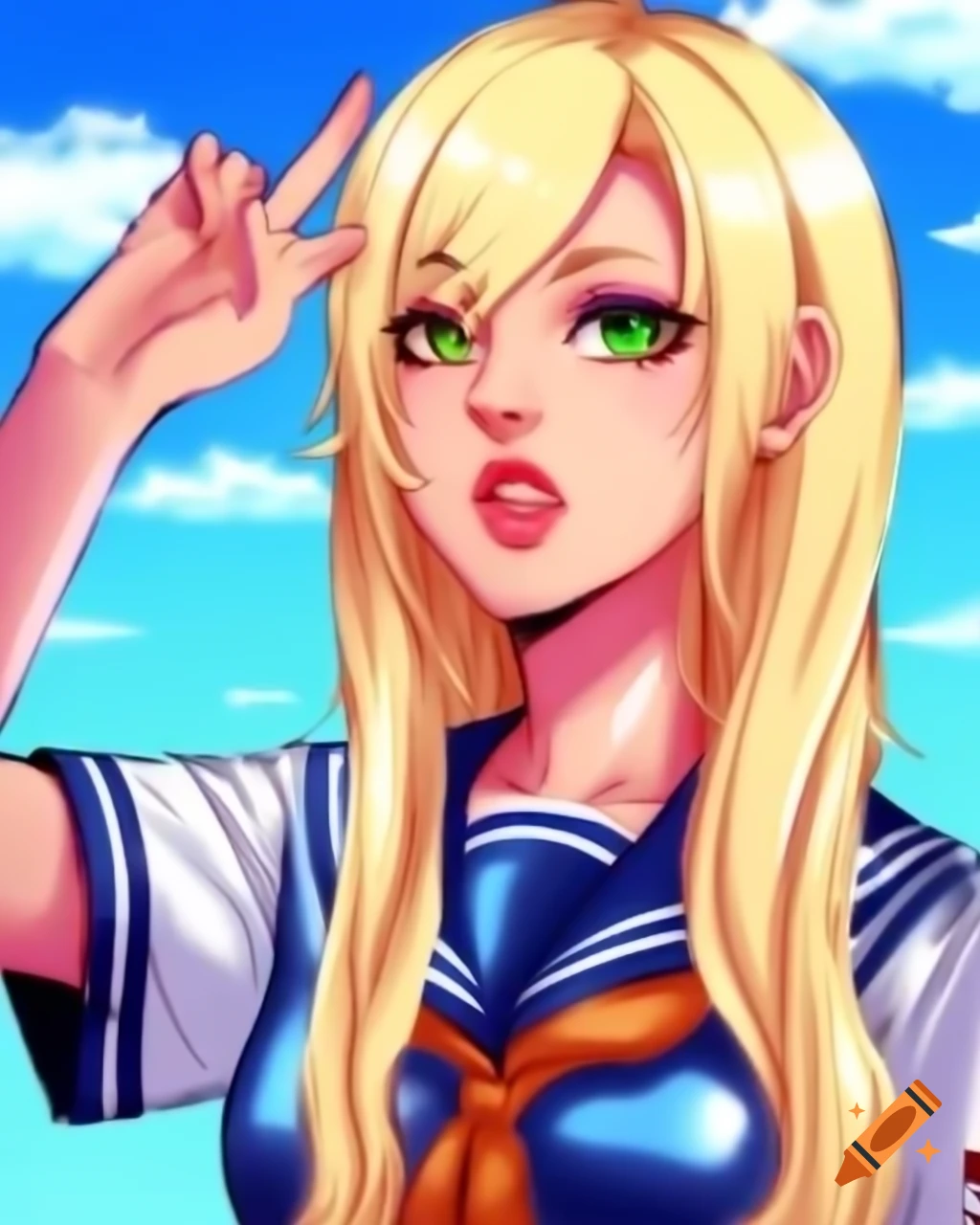 Japanese gyaru with long blonde hair taking selfie on school rooftop in pixel art style