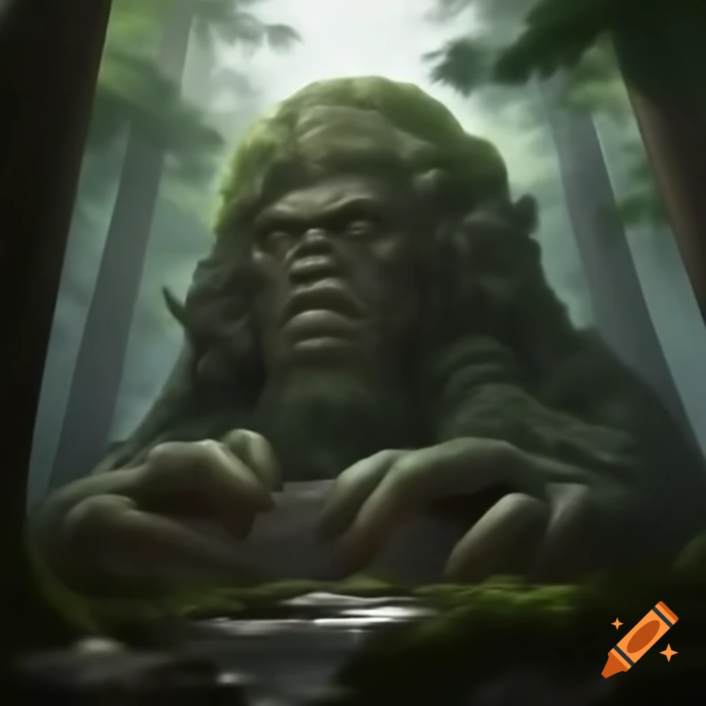 Ornate Aztec stone head in forest with floating hands
