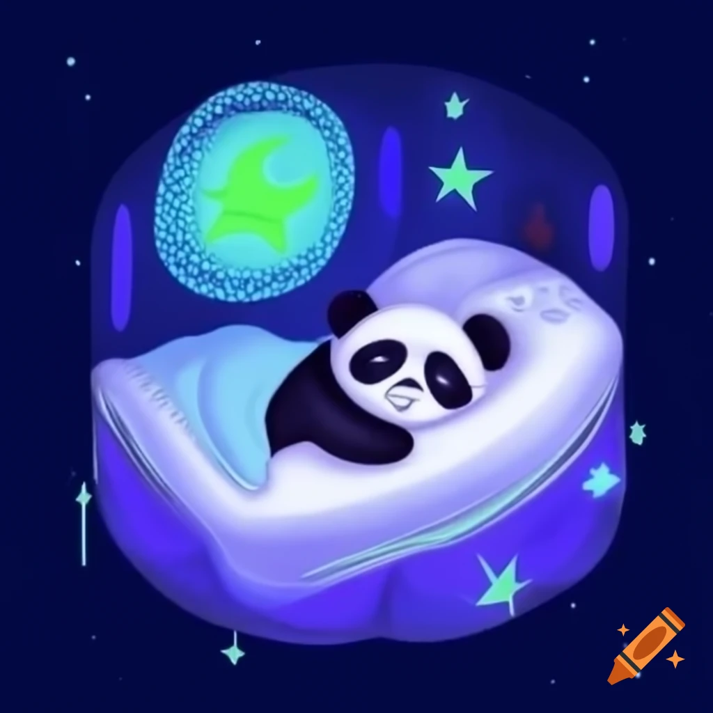 Panda sleeping in bed with whimsical dream world of stars and moonbeams