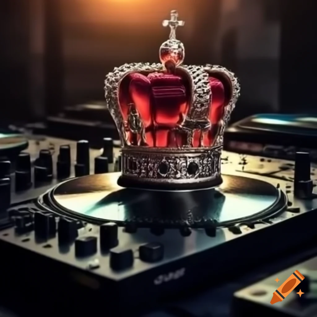 Crown placed over DJ decks, symbolizing music royalty