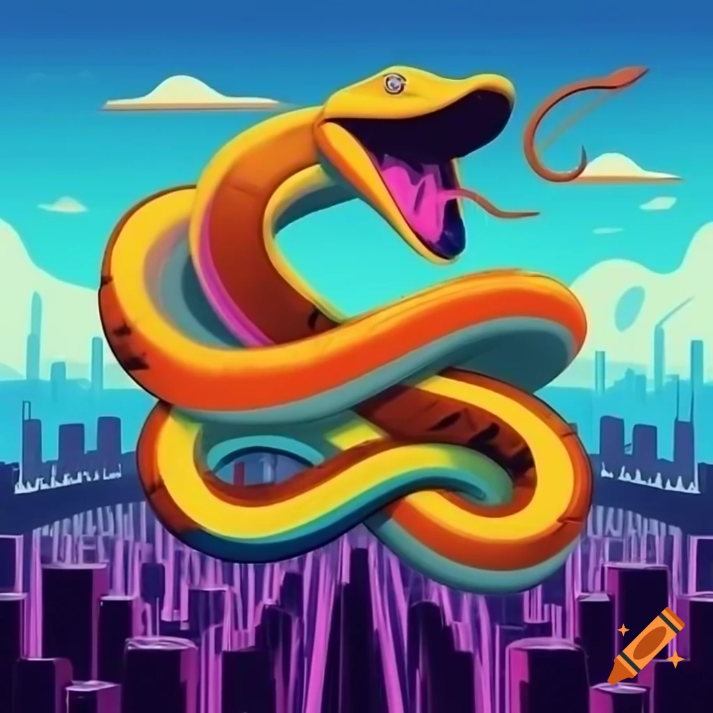 Colorful rap album cover featuring snake with microphone coiled around city skyline