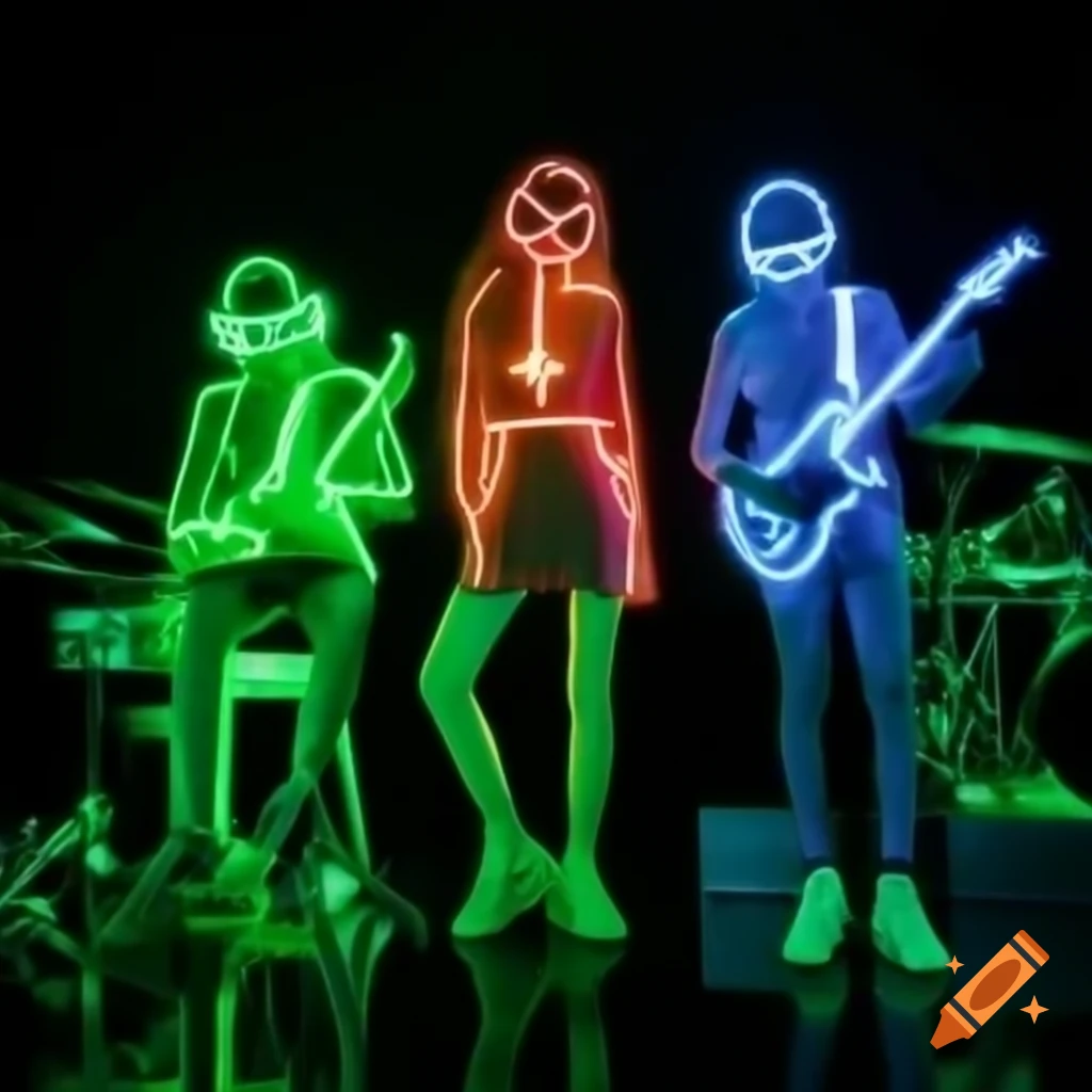 Three neon figures with musical instruments on dark background