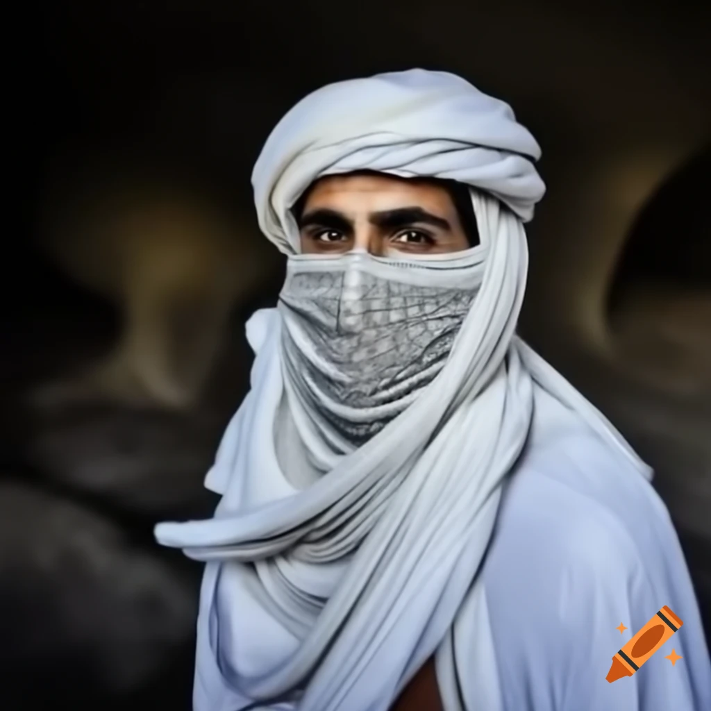 Arab warrior in white cloak standing inside a cave