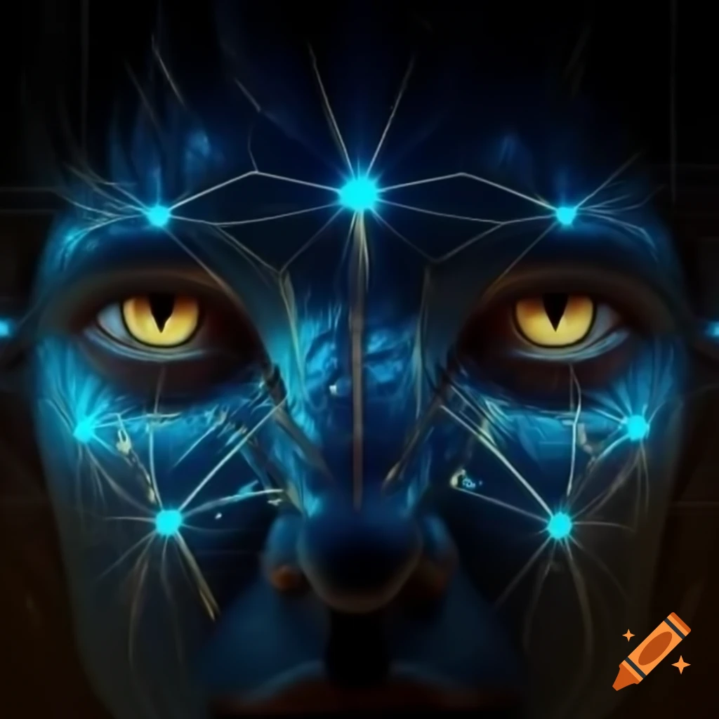 Futuristic avatar blending human face with technological elements and holograms against dark background with lights