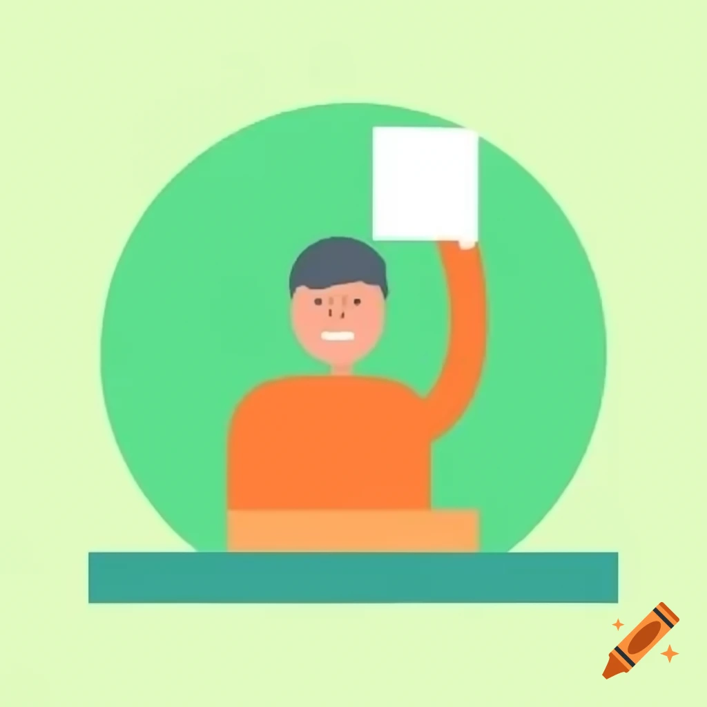 Happy man at desk holding paper, primitive icon style with green and orange shades