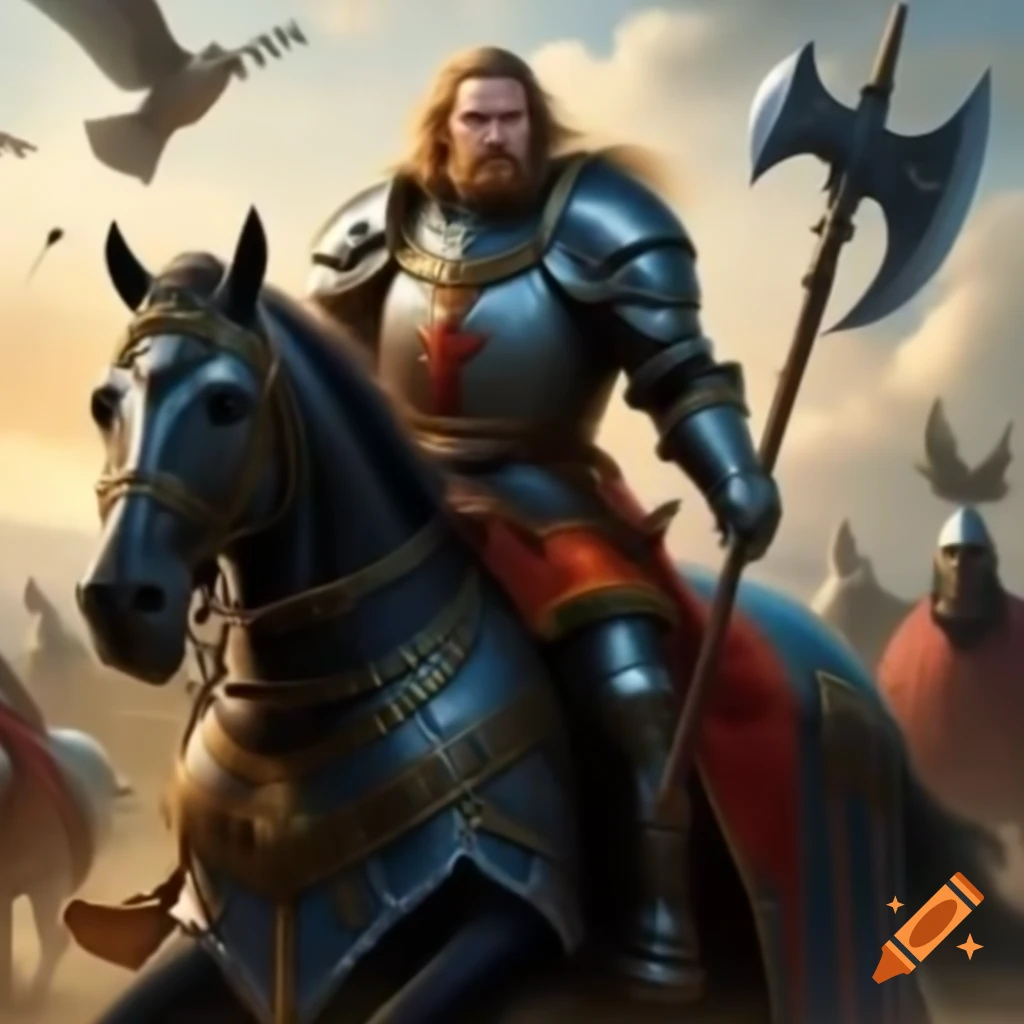 Knight in armor on black horse holding axe and sword