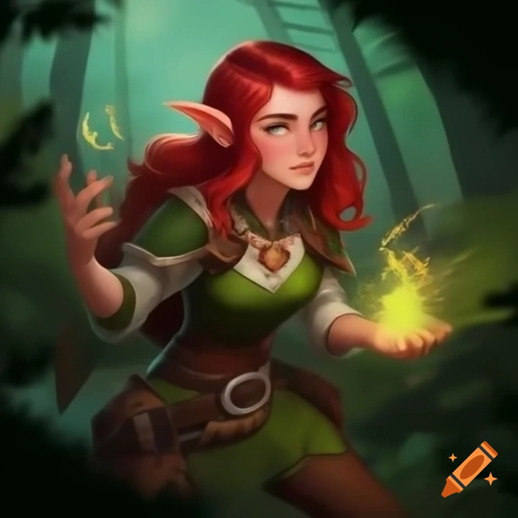 Half-elf adventurer with red hair casting magic in a forest