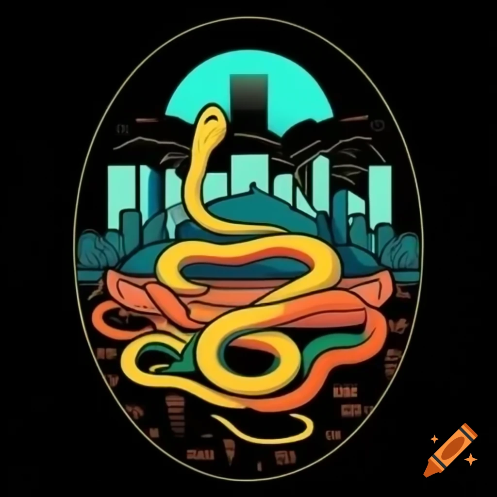 Colorful rap album cover featuring snake with microphone coiled around city skyline