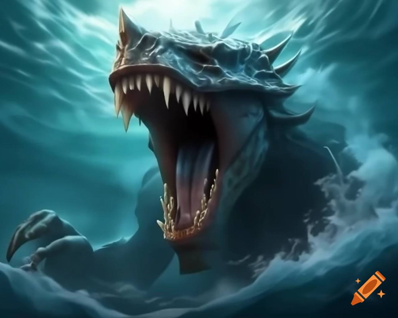 Colossal creature with sharp teeth emerging from ocean depths