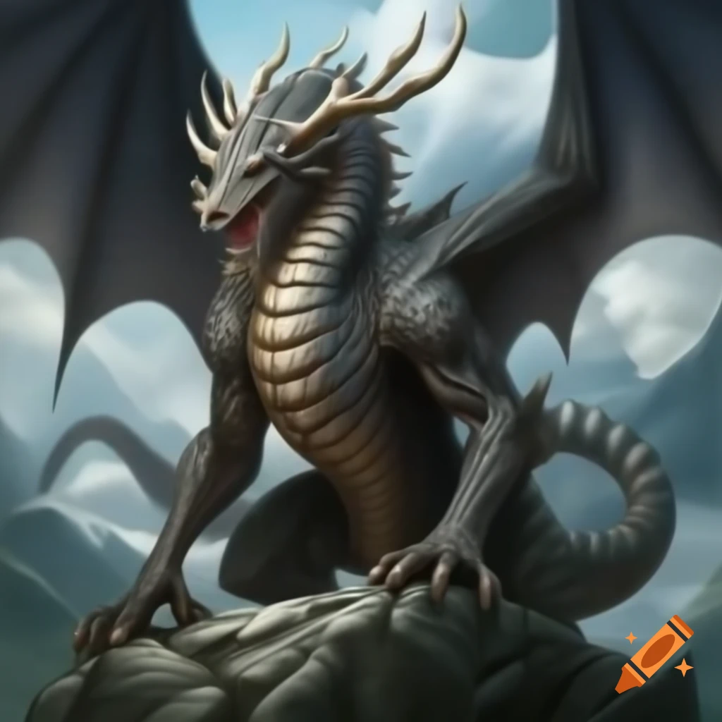 Colossal dragon with antler-shaped horns standing on a mountain