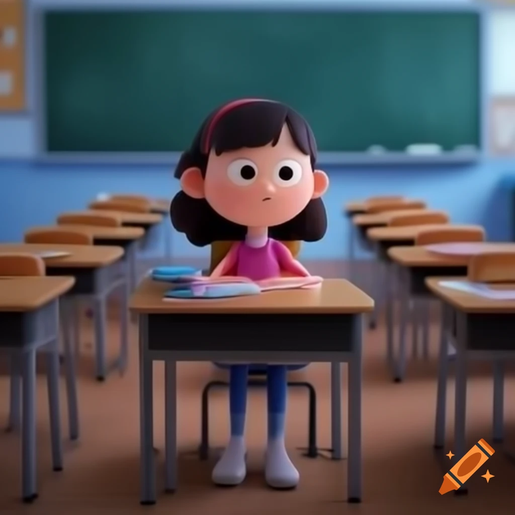 Cartoon girl sitting in classroom