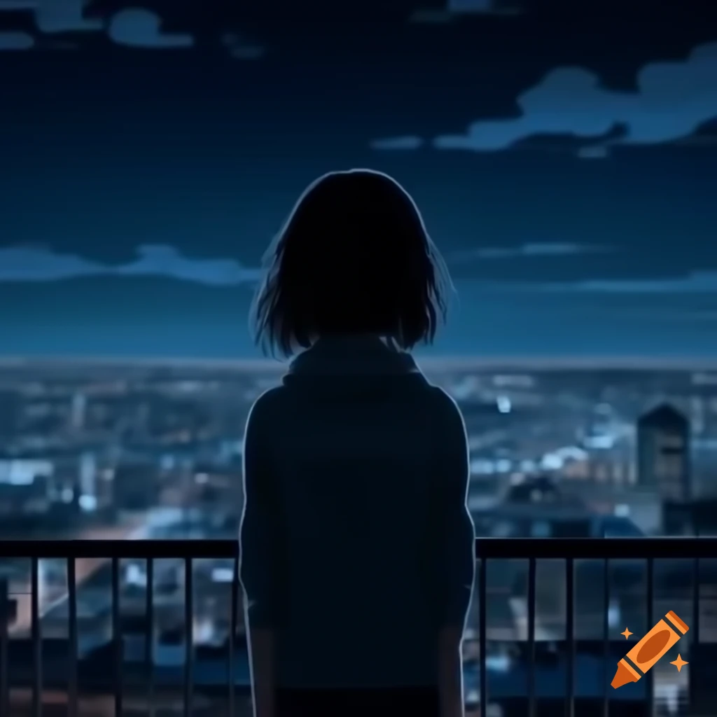 Anime girl overlooking cityscape at night