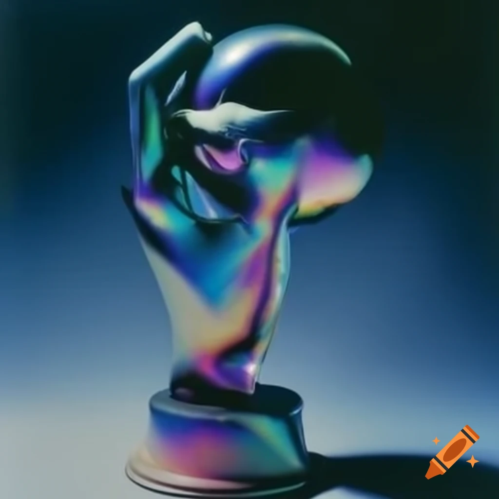 Pop surreal photography featuring iridescent glass statue