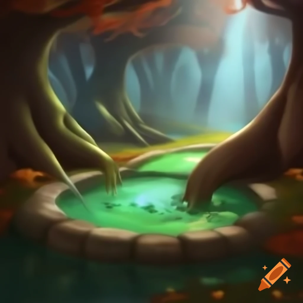 Mystical forest with ancient stone and magical pond surrounded by twisted tree roots