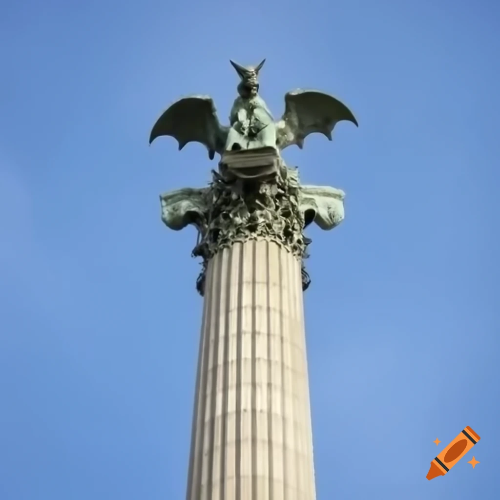 Marble demon gargoyle with horns and wings atop Washington Monument obelisk