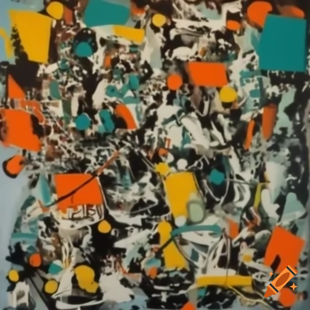 Abstract painting with layered, chaotic composition in comic book art style