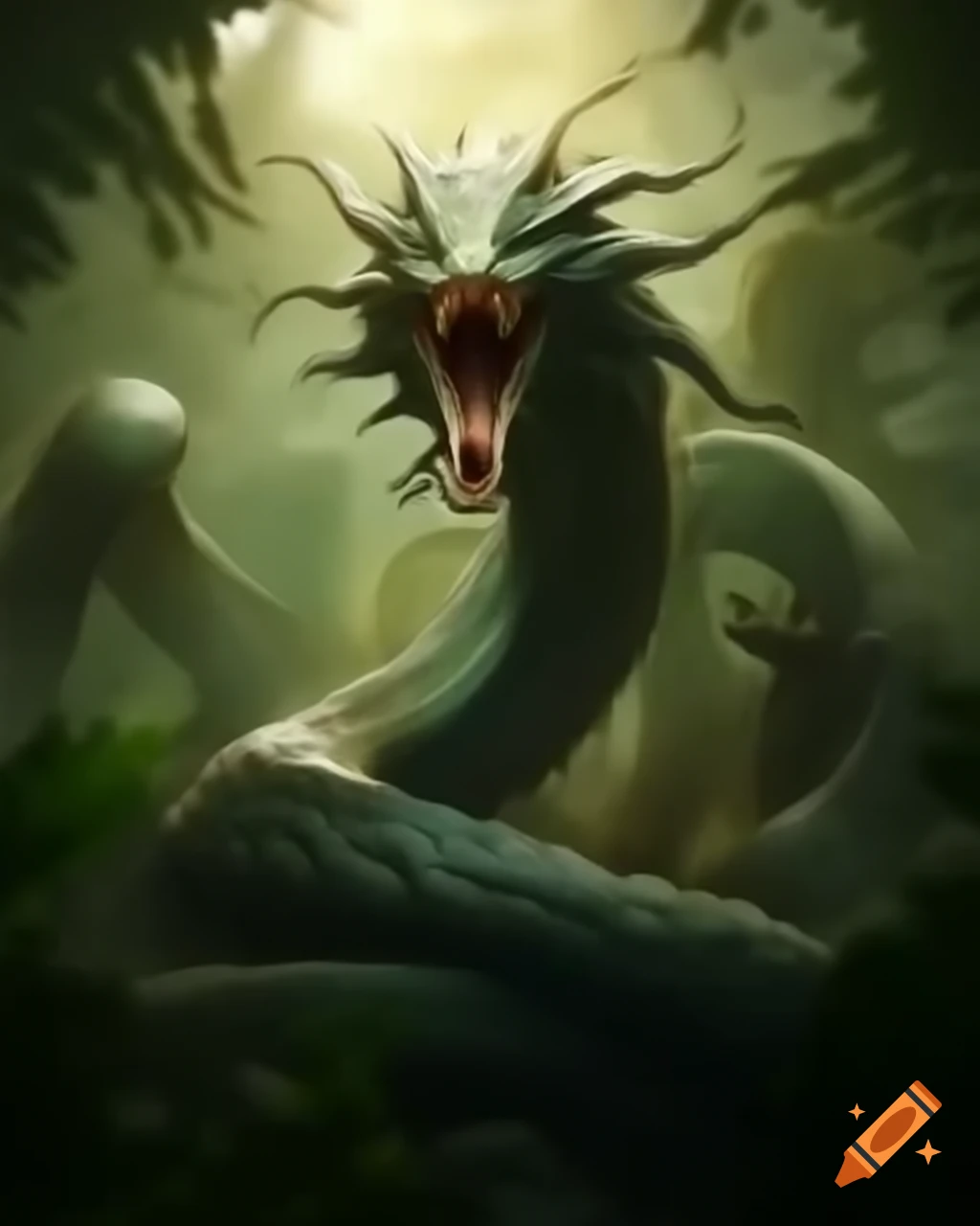 Serpentine creature emerging from foliage with glistening scales